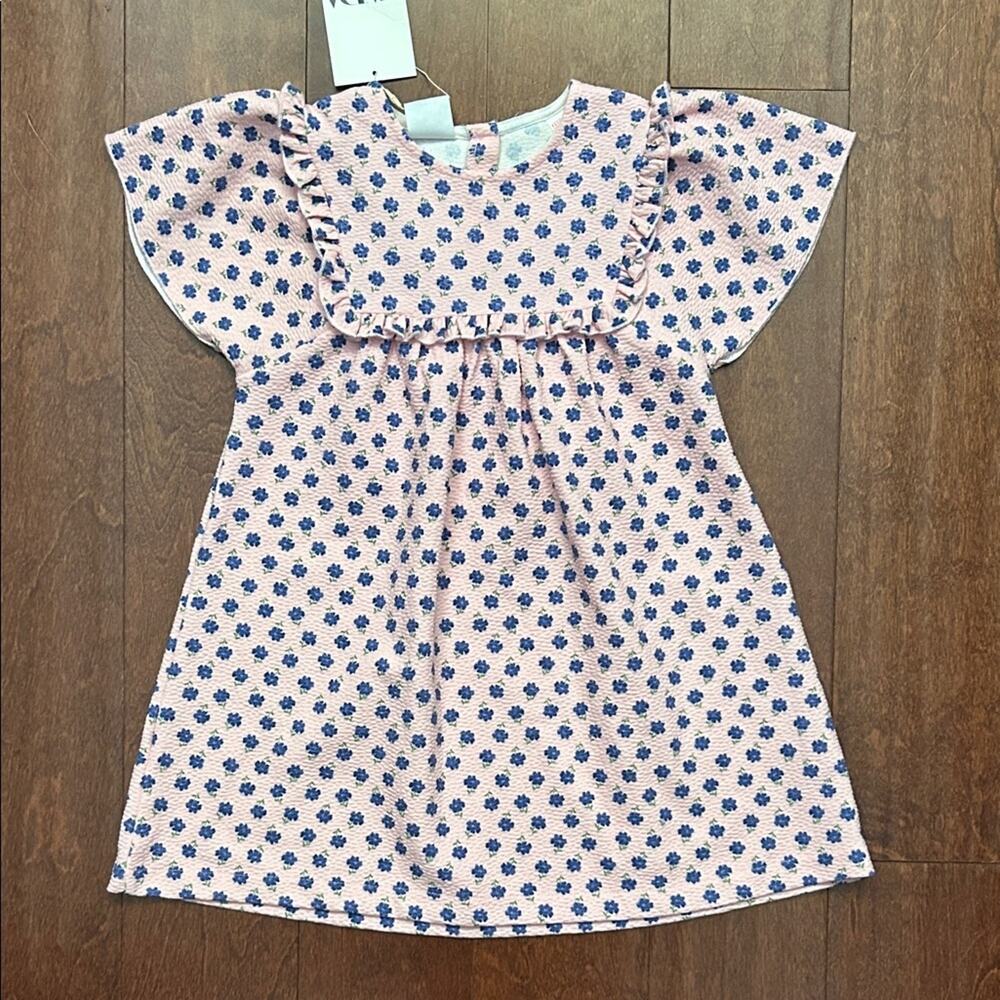 Zara Girl’s Textured Pink & Blue Floral Dress, Cute Ruffle Details, Size 5, NWT